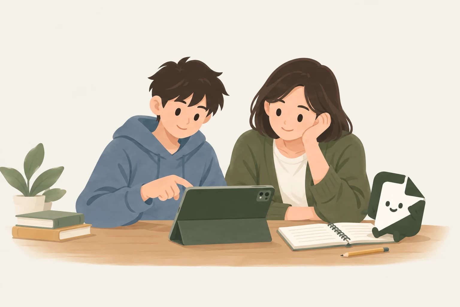 家長與灰藍帽T學生並肩坐著，一起查看平板上的學習紀錄