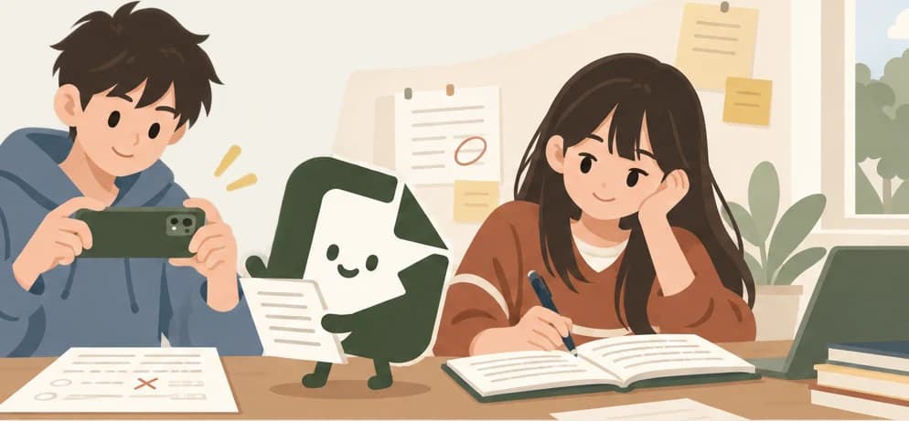 學生拍下考卷，折頁學伴協助整理，另一位學生坐在書桌前閱讀