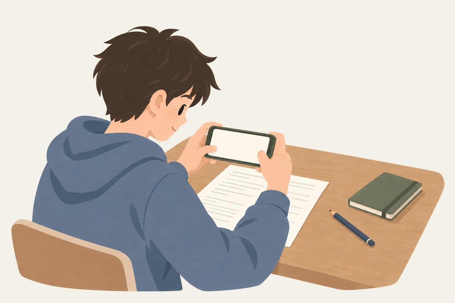 學生拿手機對準完整考卷，四角都在拍攝範圍內