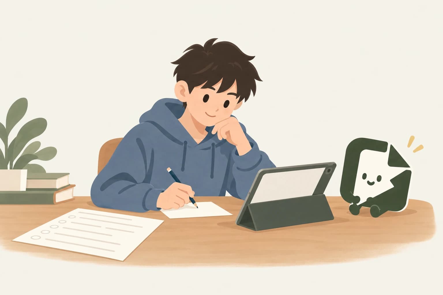學生坐在書桌前，用裝置開始複習，學伴在旁陪讀